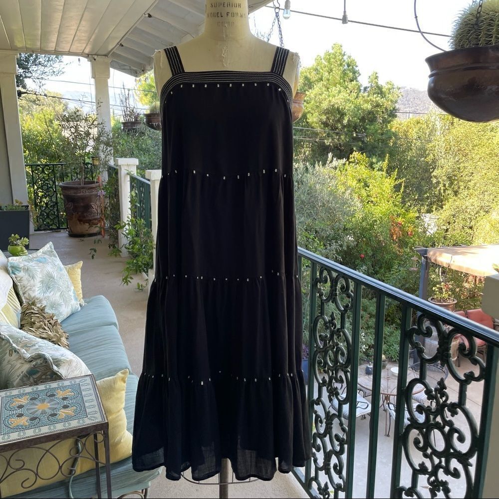 Made In India Black W/White Embroidered Embellishments 100% Cotton Dress Sz-M/L